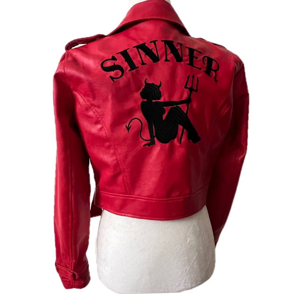 Current Mood Born Sinner Moto Jacket red & black faux Leather small NWT - Picture 5 of 16